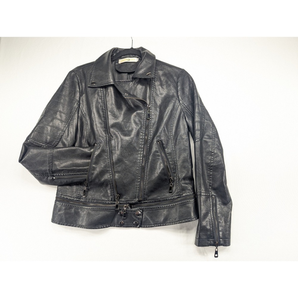 Black Faux Leather Moto Biker‎ Jacket Quilted Zip Womens Medium